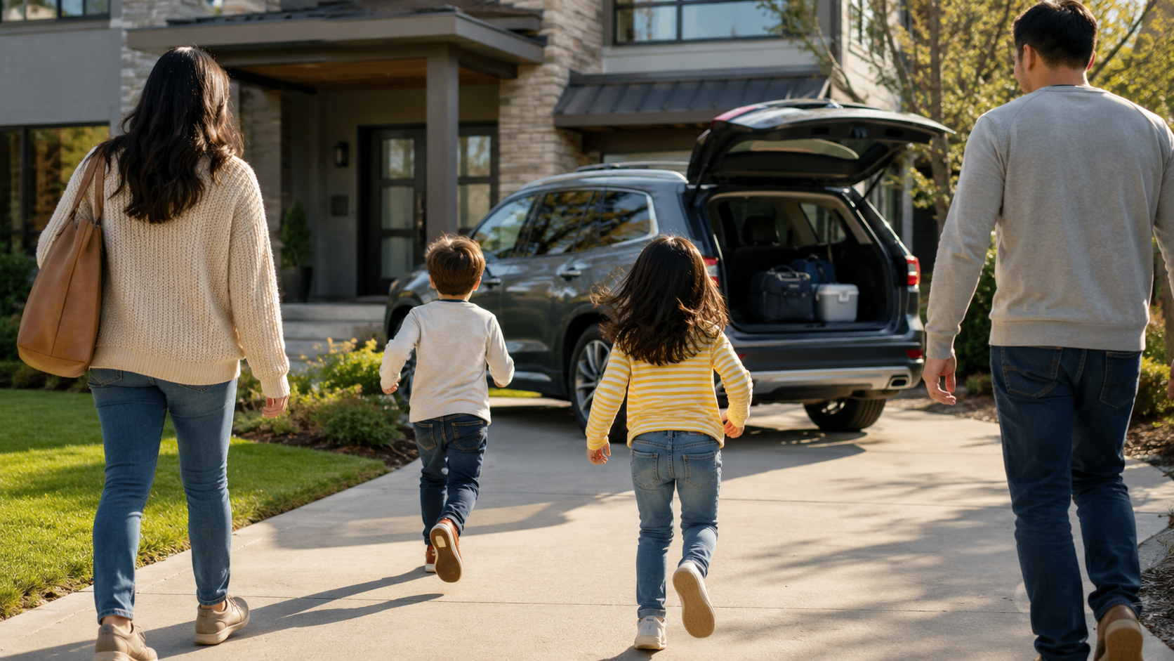 A family arriving home and loading their SUV in the driveway in BC