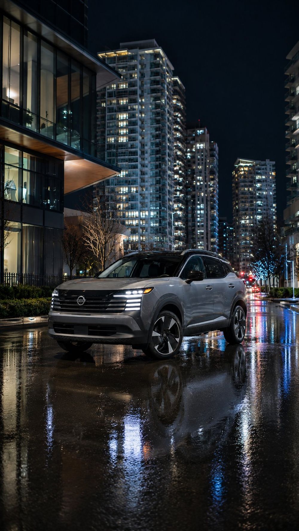Nissan SUV on a Vancouver street at night